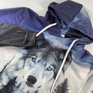 Wolf‎ Hoodie Mens Size L Graphic Print Animal Forest Trees Pullover Sweatshirt